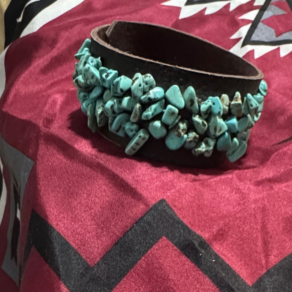 Turquoise Stone Embellished Brown Leather Bracelet